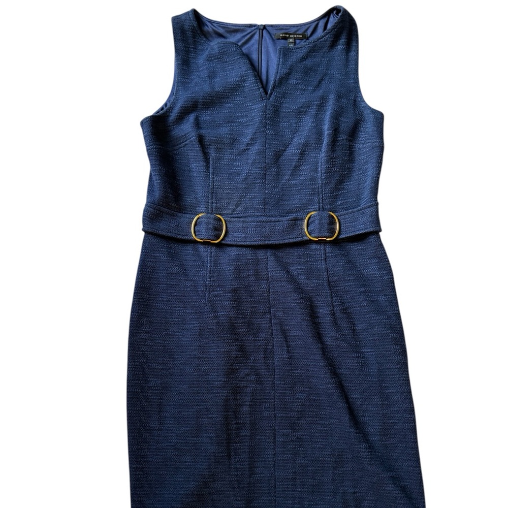 David Meister Navy Textured Sheath Dress with Gold Ring Waist Detail